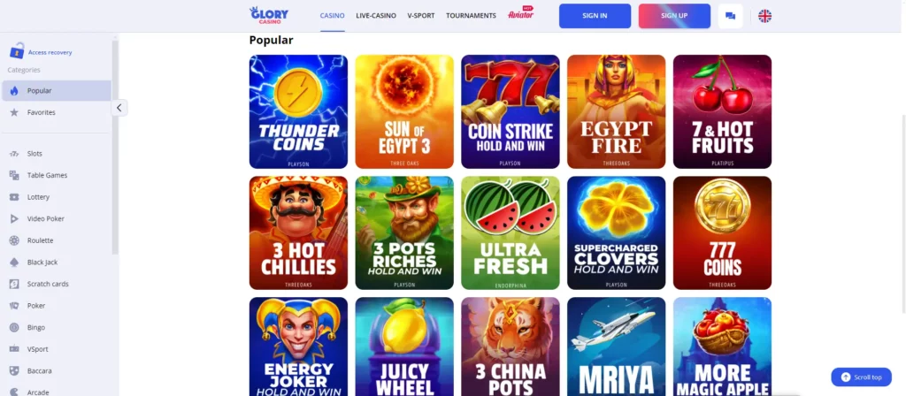 Available Games at Glory Casino